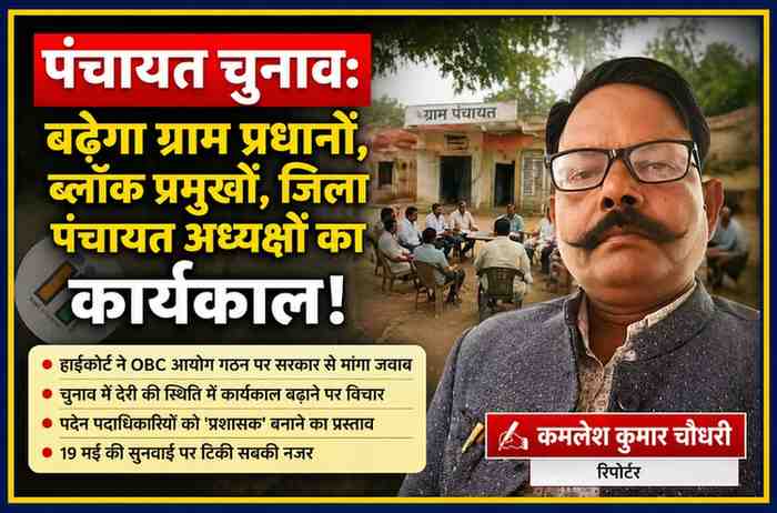 उत्तर प्रदेश पंचायत चुनाव से जुड़ी खबर में रिपोर्टर कमलेश कुमार चौधरी की तस्वीर के साथ ग्राम पंचायत बैठक का दृश्य, कार्यकाल बढ़ाने और OBC आयोग विवाद को दर्शाती फीचर इमेज