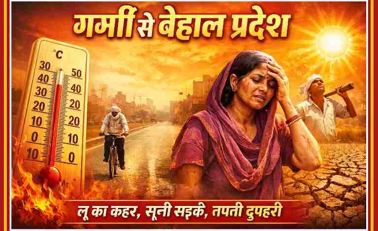 भीषण गर्मी में तपती सड़क, 45 डिग्री से ऊपर तापमान दिखाता थर्मामीटर और धूप से परेशान लोग—उत्तर प्रदेश में लू का असर