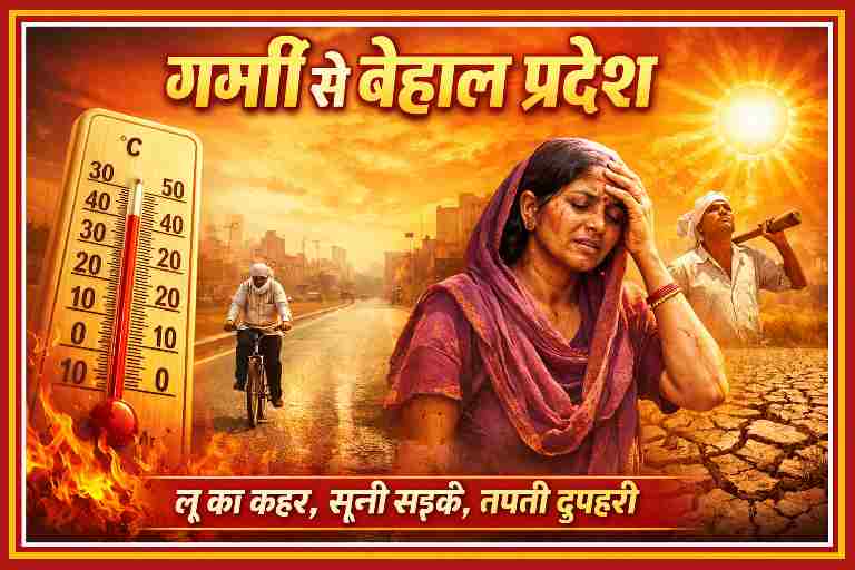 भीषण गर्मी में तपती सड़क, 45 डिग्री से ऊपर तापमान दिखाता थर्मामीटर और धूप से परेशान लोग—उत्तर प्रदेश में लू का असर