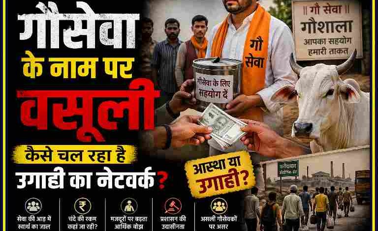 गौसेवा के नाम पर चंदा वसूली करते लोग, गौशाला और मजदूरों की स्थिति दर्शाती समाचार इमेज