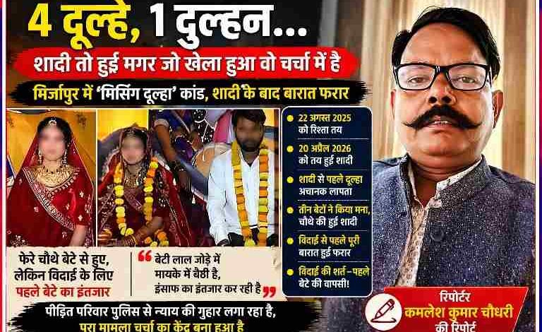 मिर्जापुर में 4 दूल्हे 1 दुल्हन मामले की शादी की तस्वीर, रिपोर्टर कमलेश कुमार चौधरी के साथ मिसिंग दूल्हा कांड का दृश्य