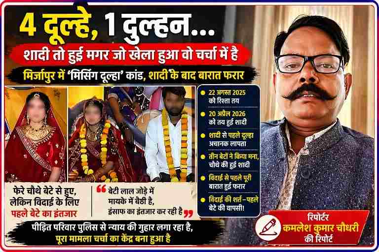 मिर्जापुर में 4 दूल्हे 1 दुल्हन मामले की शादी की तस्वीर, रिपोर्टर कमलेश कुमार चौधरी के साथ मिसिंग दूल्हा कांड का दृश्य