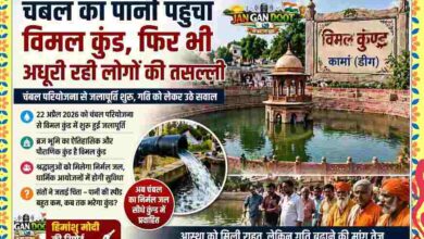 कामां के विमल कुंड में चंबल जलापूर्ति शुरू होने का दृश्य, साथ में श्रद्धालु और जल प्रवाह दिखाता फीचर इमेज