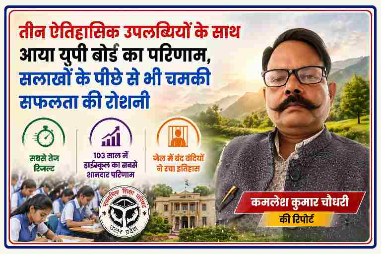 यूपी बोर्ड परीक्षा परिणाम 2026 में छात्राओं की जांच करती भीड़ और रिपोर्टर कमलेश कुमार चौधरी की तस्वीर के साथ ऐतिहासिक सफलता का फीचर इमेज
