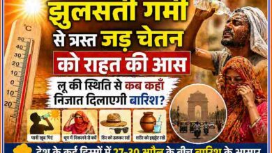 उत्तर भारत में भीषण गर्मी और लू के बीच पानी पीते लोग, तापमान मीटर और बारिश की संभावना दर्शाती न्यूज़ फीचर इमेज