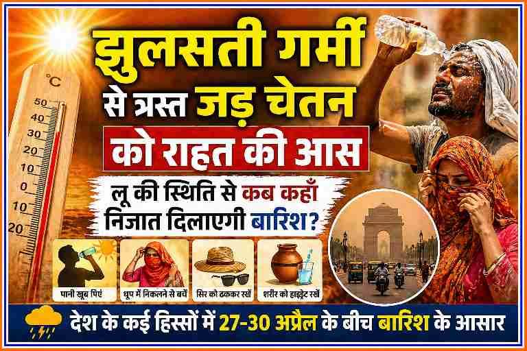 उत्तर भारत में भीषण गर्मी और लू के बीच पानी पीते लोग, तापमान मीटर और बारिश की संभावना दर्शाती न्यूज़ फीचर इमेज