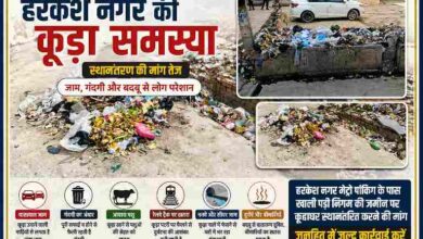 हरकेश नगर मुख्य चौक पर फैला कूड़ा, सड़क किनारे जमा गंदगी और कूड़ाघर के पास आवारा पशु का दृश्य