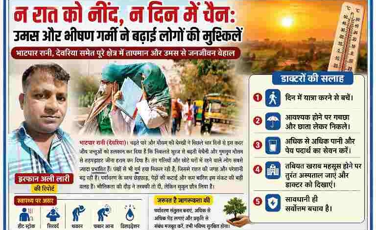 भाटपार रानी देवरिया में भीषण गर्मी और उमस के बीच दुपट्टे से चेहरा ढके लोग और रिपोर्टर इरफान अली लारी की तस्वीर