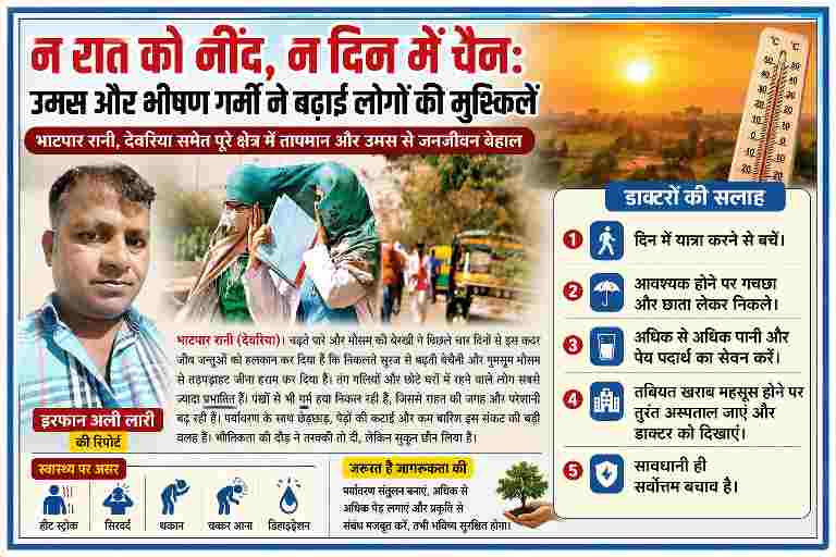 भाटपार रानी देवरिया में भीषण गर्मी और उमस के बीच दुपट्टे से चेहरा ढके लोग और रिपोर्टर इरफान अली लारी की तस्वीर