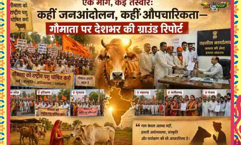 गौमाता को राष्ट्रीय पशु घोषित करने की मांग को लेकर देशभर में प्रदर्शन, रैलियां और तहसीलों में ज्ञापन सौंपते लोग, साथ में गाय और ग्रामीण जीवन का दृश्य