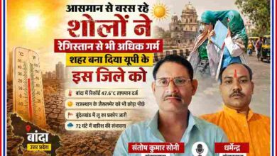 बांदा में भीषण गर्मी के दौरान सड़क पर चेहरे को कपड़े से ढककर चलती महिलाएं और साथ में रिपोर्टर संतोष कुमार सोनी व धर्मेन्द्र की तस्वीरें