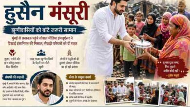 हुसैन मंसूरी लखनऊ में आग से प्रभावित झुग्गीवासियों को कुकर और जरूरी सामान वितरित करते हुए, आसपास खड़े लोग राहत और खुशी के साथ दिखाई दे रहे हैं