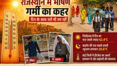 राजस्थान के सीकर और बाड़मेर में भीषण गर्मी के बीच स्कूल बच्चे और लोग धूप से बचाव करते हुए