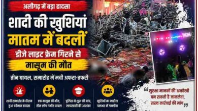 अलीगढ़ के गेस्ट हाउस में शादी समारोह के दौरान गिरा डीजे लाइट ट्रस फ्रेम, हादसे के बाद मौके पर मौजूद लोग और अफरा-तफरी का दृश्य