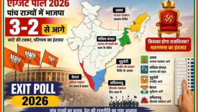 पांच राज्यों के विधानसभा चुनाव 2026 के एग्जिट पोल का ग्राफिकल चित्र जिसमें भारत का नक्शा, भाजपा की बढ़त, पश्चिम बंगाल, असम, तमिलनाडु और केरल के चुनावी रुझान दर्शाए गए हैं