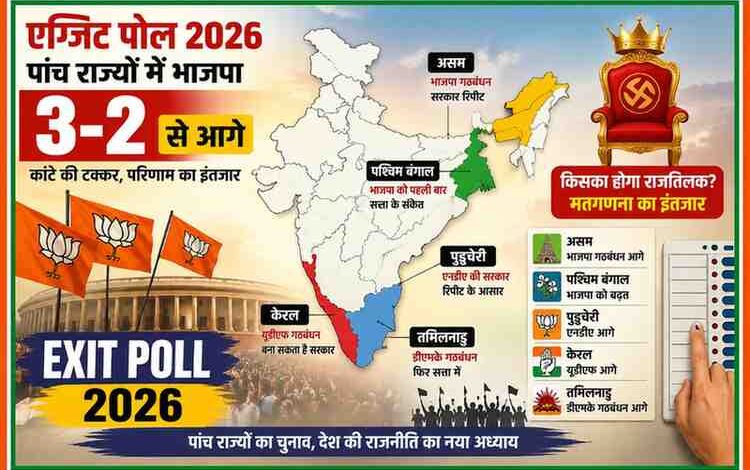 पांच राज्यों के विधानसभा चुनाव 2026 के एग्जिट पोल का ग्राफिकल चित्र जिसमें भारत का नक्शा, भाजपा की बढ़त, पश्चिम बंगाल, असम, तमिलनाडु और केरल के चुनावी रुझान दर्शाए गए हैं