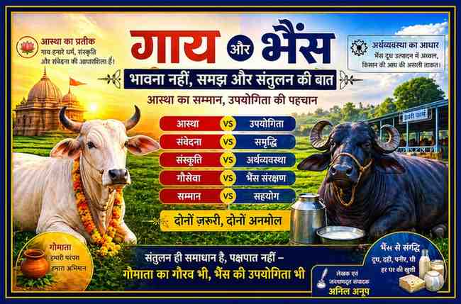गाय और भैंस के बीच तुलना दिखाती रंगीन लैंडस्केप इमेज, जिसमें एक तरफ पूजनीय गाय और दूसरी तरफ दुग्ध उत्पादन करती भैंस को दर्शाया गया है, साथ में लेखक अनिल अनूप की तस्वीर भी शामिल