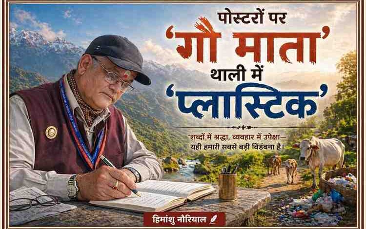 लेखक हिमांशु नौरियाल पहाड़ी क्षेत्र में बैठकर लेखन करते हुए, साथ में गौ माता और पर्यावरण की स्थिति को दर्शाता दृश्य