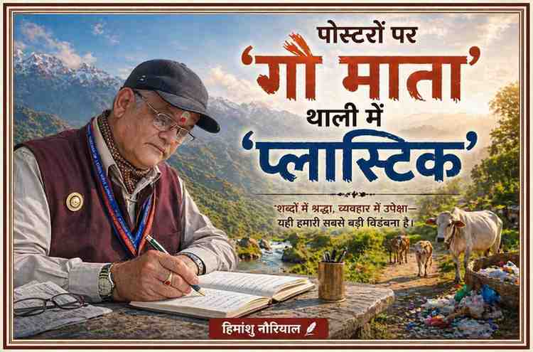 लेखक हिमांशु नौरियाल पहाड़ी क्षेत्र में बैठकर लेखन करते हुए, साथ में गौ माता और पर्यावरण की स्थिति को दर्शाता दृश्य