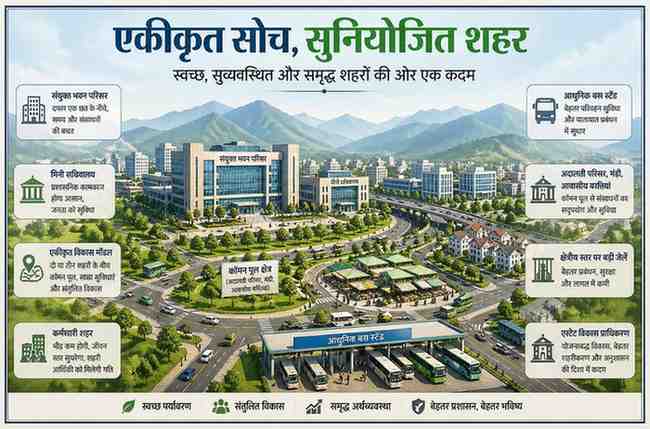 संयुक्त भवन परिसर, आधुनिक बस स्टैंड, हरित क्षेत्र और सुव्यवस्थित सड़क नेटवर्क के साथ एकीकृत और सुनियोजित शहर का लैंडस्केप दृश्य