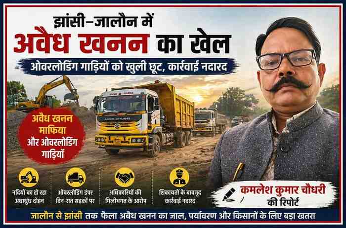 झांसी क्षेत्र में ओवरलोडेड गिट्टी ट्रक और रिपोर्टर कमलेश कुमार चौधरी की तस्वीर के साथ अवैध खनन पर आधारित फीचर इमेज