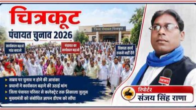 चित्रकूट में जिला पंचायत परिसर के बाहर बड़ी संख्या में ग्राम प्रधान कार्यकाल बढ़ाने की मांग को लेकर प्रदर्शन करते हुए, साथ में रिपोर्टर संजय सिंह राणा की तस्वीर