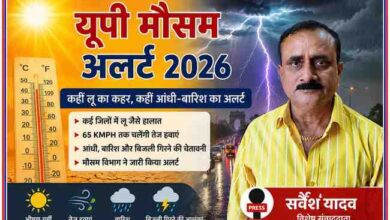 रिपोर्टर सर्वेश यादव की तस्वीर के साथ यूपी में मौसम बदलाव, लू, तेज आंधी और बारिश अलर्ट दर्शाती फीचर इमेज