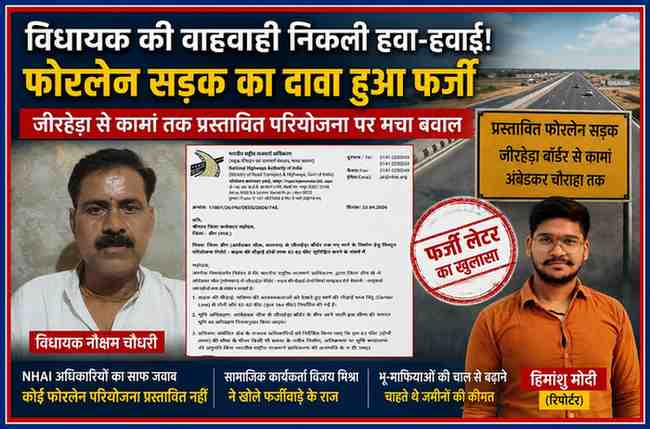 रिपोर्टर हिमांशु मोदी के साथ कामां फोरलेन सड़क विवाद और फर्जी NHAI लेटर पर आधारित न्यूज फीचर इमेज