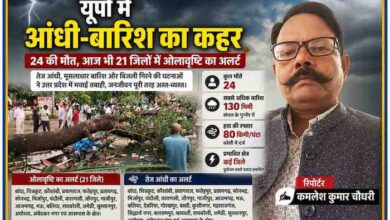 उत्तर प्रदेश में तेज आंधी और बारिश से गिरे पेड़ के बीच राहत कार्य करते लोग, साथ में रिपोर्टर कमलेश कुमार चौधरी की तस्वीर