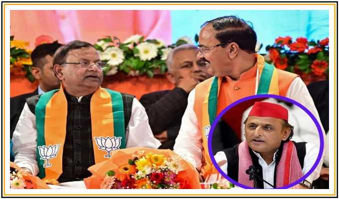 भाजपा नेताओं की बैठक के दौरान की तस्वीर जिसमें पंकज चौधरी और केशव प्रसाद मौर्य दिख रहे हैं, साथ में अखिलेश यादव की प्रतिक्रिया को दर्शाता ग्राफिक