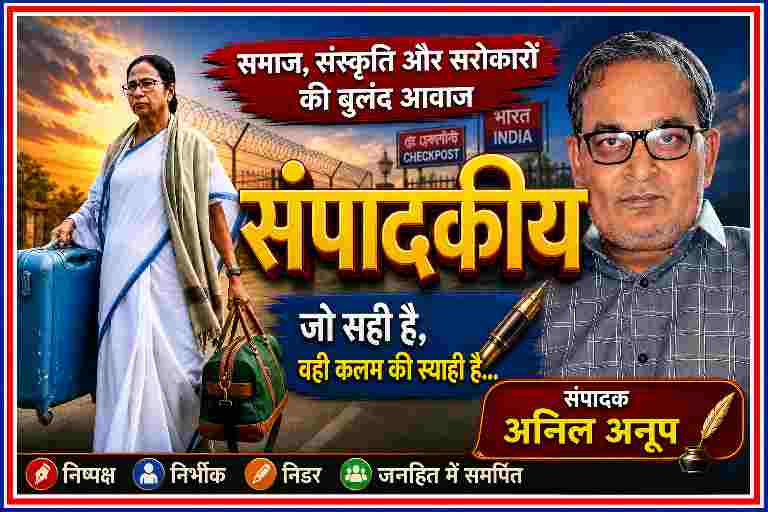 सीमा चेकपोस्ट के बैकग्राउंड में एक महिला सूटकेस के साथ और साथ में संपादक अनिल अनूप की तस्वीर, जिस पर “संपादकीय” शीर्षक के साथ समाज और सरोकारों पर आधारित संदेश दर्शाया गया है।