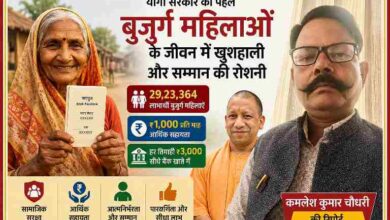 कमलेश कुमार चौधरी की तस्वीर के साथ वृद्धावस्था पेंशन योजना पर आधारित फीचर इमेज, जिसमें बुजुर्ग महिला और मुख्यमंत्री योगी आदित्यनाथ दर्शाए गए हैं।