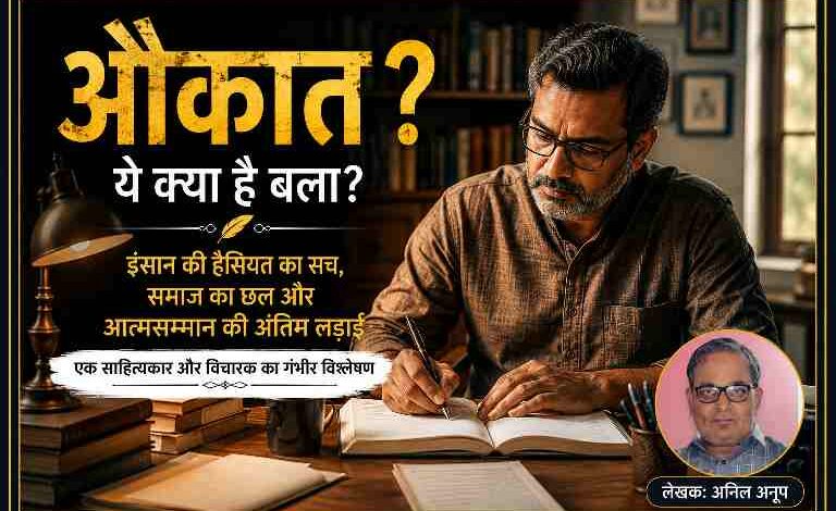 लेखक अनिल अनूप की तस्वीर के साथ “औकात” विषय पर आधारित साहित्यिक और वैचारिक फीचर इमेज, जिसमें आत्मसम्मान, संघर्ष और सामाजिक सोच का प्रतीकात्मक चित्रण किया गया है।