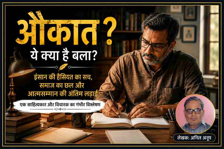 लेखक अनिल अनूप की तस्वीर के साथ “औकात” विषय पर आधारित साहित्यिक और वैचारिक फीचर इमेज, जिसमें आत्मसम्मान, संघर्ष और सामाजिक सोच का प्रतीकात्मक चित्रण किया गया है।