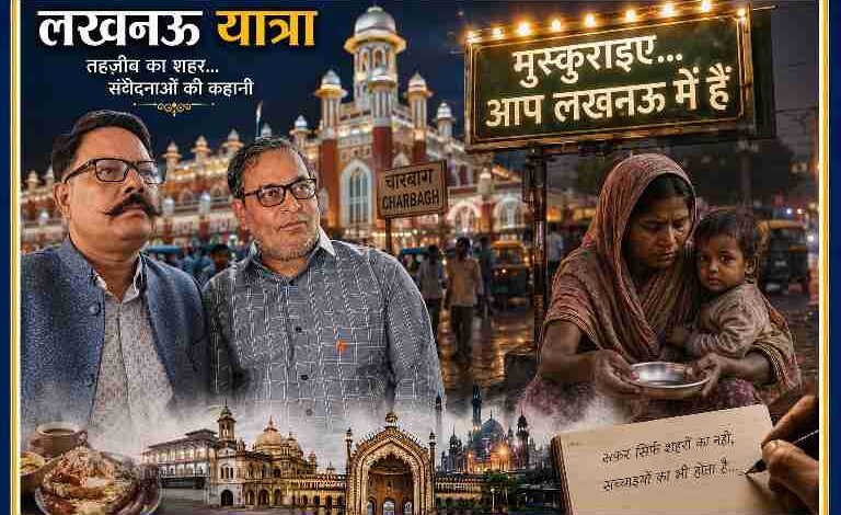 चारबाग स्टेशन की पृष्ठभूमि में संपादक और कमलेश कुमार चौधरी के साथ लखनऊ की सामाजिक संवेदनाओं को दर्शाती सिनेमैटिक फीचर इमेज