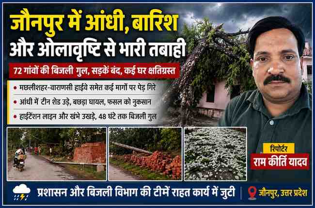 जौनपुर में तेज आंधी और ओलावृष्टि के बाद गिरे पेड़, टूटे बिजली पोल और रिपोर्टर राम कीर्ति यादव के साथ फीचर इमेज।