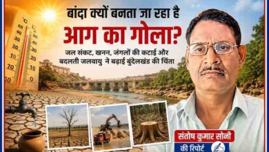 भीषण गर्मी, सूखी धरती, जल संकट और पर्यावरणीय संकट को दर्शाती फीचर इमेज, जिसमें रिपोर्टर संतोष कुमार सोनी की तस्वीर शामिल है।