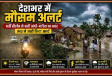 देशभर में मौसम बदलाव को दर्शाती फीचर इमेज, जिसमें आंधी, बारिश, बाढ़ प्रभावित गांव और मौसम अलर्ट ग्राफिक्स दिखाए गए हैं।