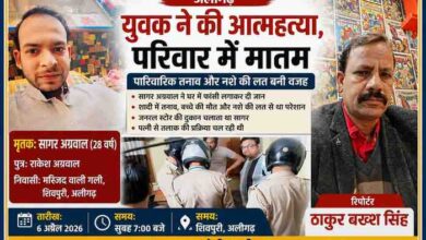 अलीगढ़ के शिवपुरी में युवक सागर अग्रवाल की आत्महत्या मामले की फीचर इमेज, जिसमें मृतक, पुलिस जांच और रिपोर्टर ठाकुर बख्श सिंह की तस्वीर शामिल है
