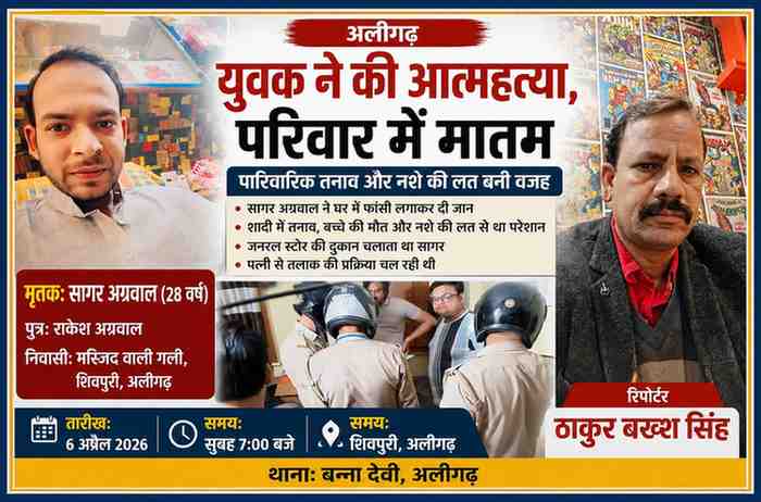 अलीगढ़ के शिवपुरी में युवक सागर अग्रवाल की आत्महत्या मामले की फीचर इमेज, जिसमें मृतक, पुलिस जांच और रिपोर्टर ठाकुर बख्श सिंह की तस्वीर शामिल है