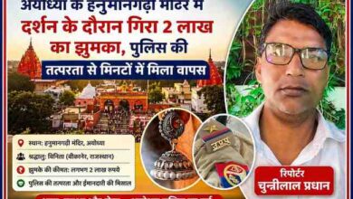 रिपोर्टर चुन्नीलाल प्रधान की तस्वीर के साथ अयोध्या हनुमानगढ़ी मंदिर में दर्शन के दौरान खोया 2 लाख का झुमका और पुलिस द्वारा बरामदगी दर्शाती न्यूज ग्राफिक