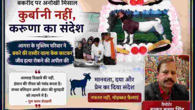 रिपोर्टर ठाकुर बख्श सिंह की तस्वीर के साथ तैयार फीचर इमेज, जिसमें आगरा के एक मुस्लिम परिवार द्वारा बकरीद पर बकरे की तस्वीर वाला केक काटकर जीव हत्या रोकने और मानवता का संदेश देने की घटना दर्शाई गई है।