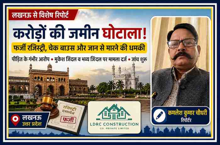 लखनऊ में जमीन घोटाले पर रिपोर्टर कमलेश कुमार चौधरी की फोटो के साथ न्यूज फीचर इमेज, बैकग्राउंड में शहर का दृश्य