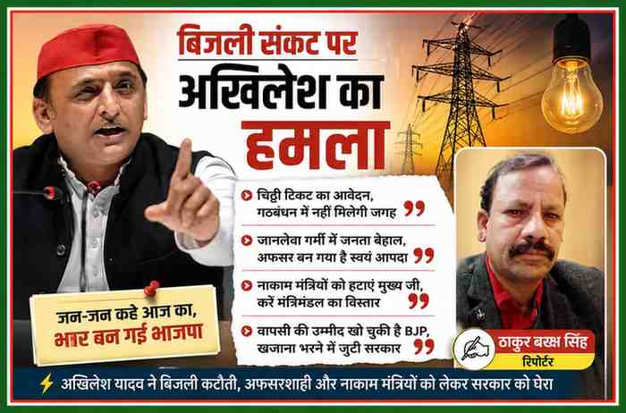 अखिलेश यादव की तस्वीर के साथ बिजली संकट और भाजपा सरकार पर हमले को दर्शाती फीचर इमेज, जिसमें रिपोर्टर ठाकुर बख्श सिंह की फोटो भी शामिल है।
