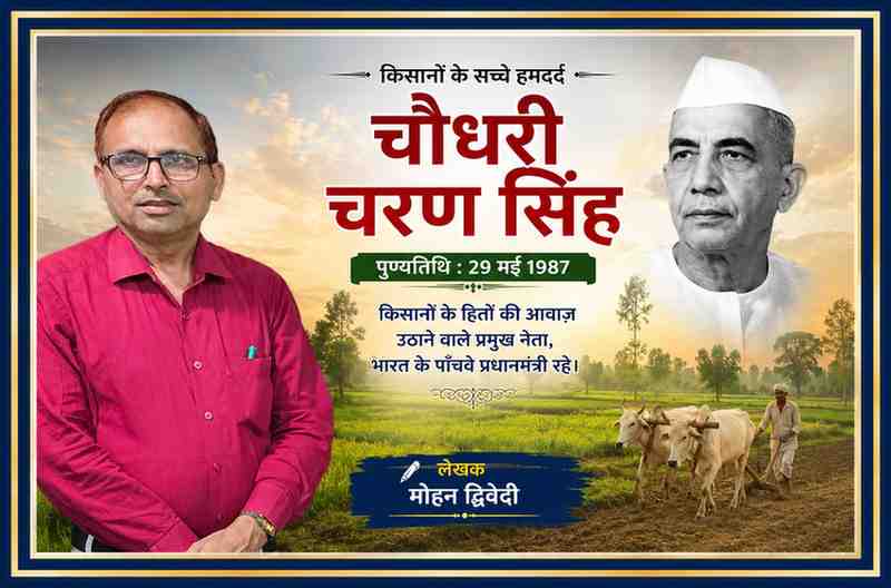 लेखक मोहन द्विवेदी की तस्वीर के साथ चौधरी चरण सिंह का चित्र, खेत-खलिहान और किसान जीवन की पृष्ठभूमि में तैयार फीचर इमेज।