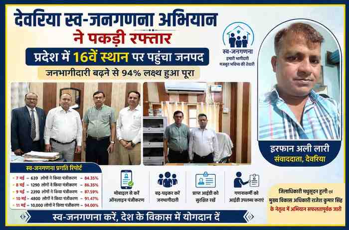देवरिया में स्व-जनगणना अभियान को लेकर अधिकारियों के साथ रिपोर्टर इरफान अली लारी की फीचर इमेज