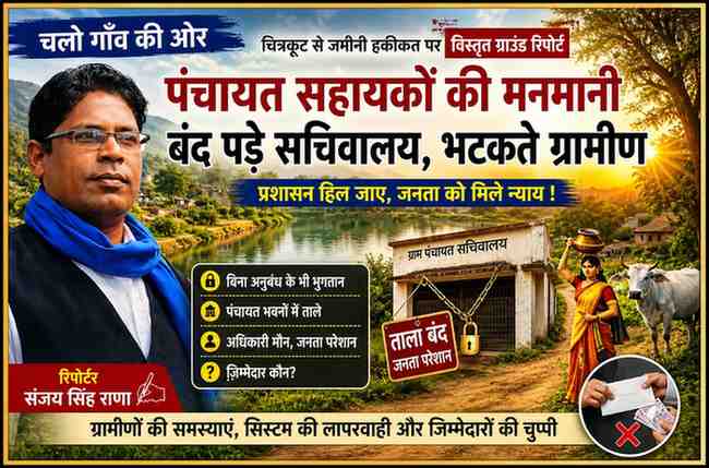 चित्रकूट के ग्राम पंचायत सचिवालय पर ताला लगा हुआ, सामने बैठे ग्रामीण और रिपोर्टर संजय सिंह राणा की तस्वीर के साथ पंचायत सहायकों की लापरवाही को दर्शाता दृश्य
