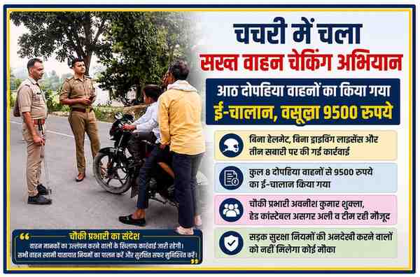 गोण्डा के चचरी क्षेत्र में पुलिस द्वारा वाहन चेकिंग अभियान के दौरान बाइक चालकों की जांच करते पुलिसकर्मी