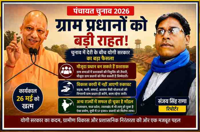 मुख्यमंत्री योगी आदित्यनाथ और रिपोर्टर संजय सिंह राणा के साथ पंचायत चुनाव 2026 और ग्राम प्रधानों को प्रशासक बनाए जाने संबंधी फीचर इमेज