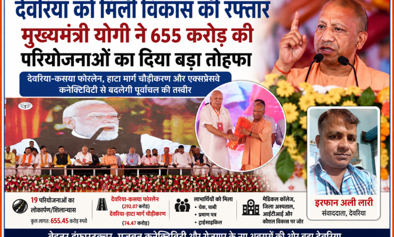 देवरिया में आयोजित जनसभा के मंच पर मुख्यमंत्री योगी आदित्यनाथ, जनप्रतिनिधियों और रिपोर्टर इरफान अली लारी के साथ विकास परियोजनाओं को दर्शाती फीचर इमेज